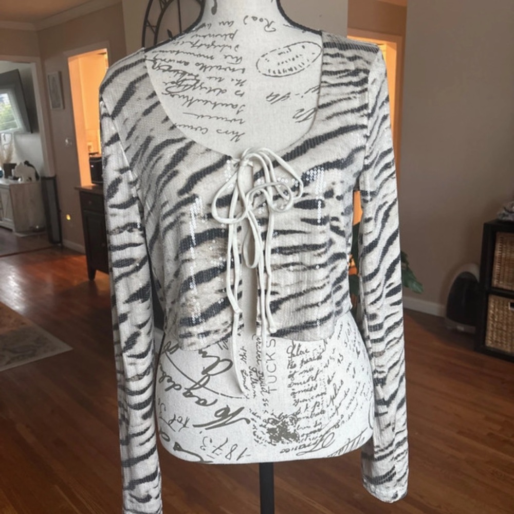Windsor White and Black Zebra Lace-Up Long Sleeve Top